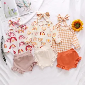 Conjunto de ropa de manga larga para niñas recién nacidas conjunto de 3 piezas de ropa de manga larga con arcoíris, monos, pantalones cortos con volantes, diadema, conjunto de primavera y otoño