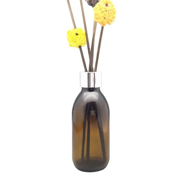 Botol Diffuser Reed Kaca Coklat 150Ml, Botol Kosong untuk Dekorasi Rumah dengan Tongkat dan Bunga