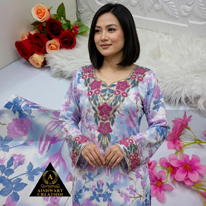 Robe islamique style modeste Mukhawar Abaya pour femmes avec tissu en popeline florale brodée sergé léger en coton biologique - Product Image 1