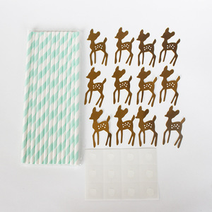 Joinhot Golden Deer Paper Straws Light Green Striped 12 Piece Set Disposable Party Decorations - Product Image 4
