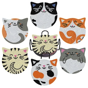 Kit de sous-verres DIY, peinture au diamant, motifs de chats de style américain peints à la main, sous-verres antidérapants - Product Image 1