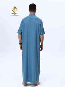 Al Haramain <b>Men's</b> Blue <b>Thobe</b> Short Sleeve Cotton Casual Daily Wear Regular Fit Middle Eastern Style Breathable Thawb - Product Image 5