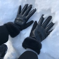 Gants d'hiver pour femme en PU, compatibles écran tactile, épais, à doigts séparés, style opéra, patchwork, chauds, pour le cyclisme et la conduite