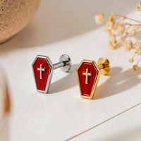 Piercing Labret en Acier Chirurgical 316L avec Croix de Cercueil Gothique Vampire Émaillée, Bijou de Piercing Lèvre et Boucles d'Oreilles à Dos Plat pour Hélix Tragus 16G