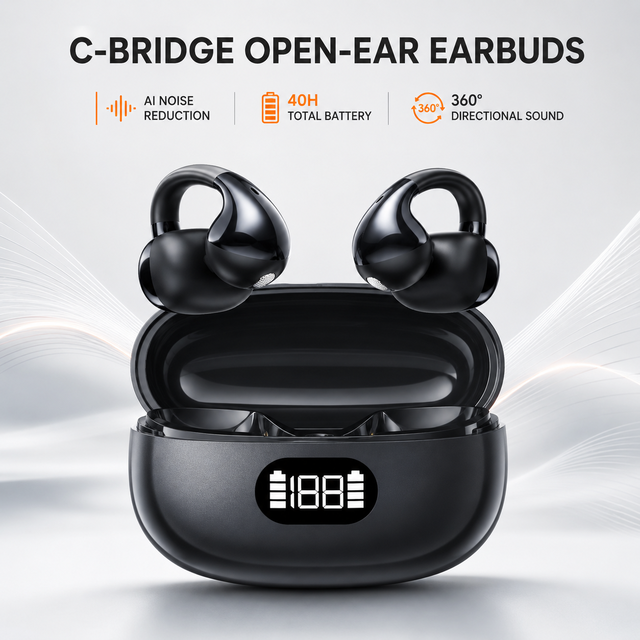 2026 Open-Ear Clip Earbuds C-Bridge AI Noise Reduction 40H Battery 7H Playback 360 Sound Directional Transmission