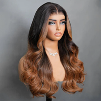 Perruque Lace Frontale 7x5 Sans Colle, Ondulée, Châtain Ombré avec Mèches, Cordon Invisi, Prête à Porter, Cheveux Humains