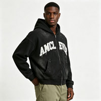 Sweat à capuche zippé 404 g/m² épais AMCLEVER, coupe ample, double fermeture éclair, effet délavé, bords effilochés, style streetwear