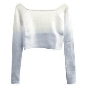 Top de punto acanalado con efecto degradado y efecto tie-dye para niñas, estilo cruzado, con hombros descubiertos, manga larga, corto, tipo suéter de ballet, para calentamiento y cobertura en danza - Product Image 3