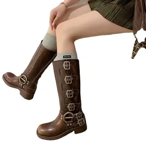 Botas de combate con hebilla de media pantorrilla de vaquero de cuero PU para mujer, botas de invierno de talla grande con plataforma alta, calzado para mujer, zapatos