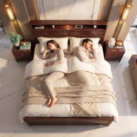 Cadre de lit moderne en bois massif King/Queen avec tête de lit de rangement, éclairage LED, port de charge USB, design écologique et durable