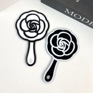 Acetate Camellia-Shaped Handheld <b>Mirror</b> - Black & <b>White</b> Contrast Rose Design Cosmetic <b>Mirror</b> for Women - Product Image 1