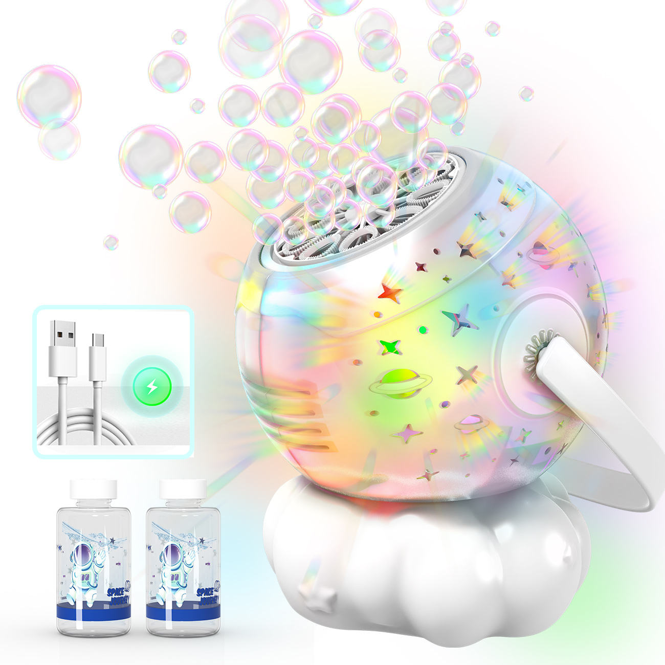 เครื่องทำฟองสบู่พร้อมโปรเจคเตอร์ลายกาแล็กซี่ - รุ่นไฟสี