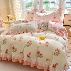 Ensemble <span class=keywords><strong>de</strong></span> literie en microfibre lavé à bulles 4 pièces Design à volants floraux housse <span class=keywords><strong>de</strong></span> couette drap <span class=keywords><strong>de</strong></span> <span class=keywords><strong>lit</strong></span> taies d'oreiller ensemble couette ensembles <span class=keywords><strong>de</strong></span> literie - Product Image 5