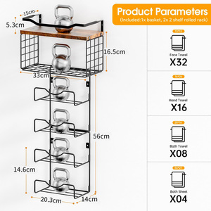Bathroom Towel <b>Rack</b> Wall Mounted 6 Tier Storage Shelf With Wooden Top For Towels Toilet Paper And Bathroom Essentials - Product Image 3