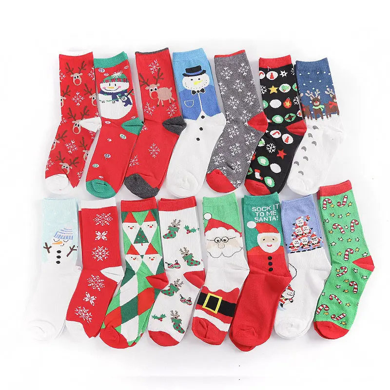ถุงเท้าผ้าฝ้ายลายซานต้าเอลค์มนุษย์หิมะ15ชนิดถุงเท้าผ้าฝ้ายสีแดงลายคริสต์มาส