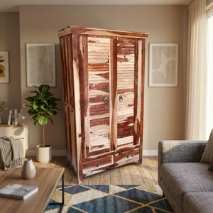 Armoire en bois style vintage avec finition vieillie, 2 tiroirs, porte, organisateur de vêtements artisanal pour chambre, hôtel, salon - Product Image 5