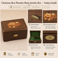 Boîte à musique en bois de noyer avec mouvement Sankyo, artisanale, motif ours de Noël, incrustation marqueterie, pour bijoux et souvenirs, fonctionnement continu, arrêt et pause, cadeau