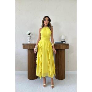 Vestido de Noche de Tul Amarillo Tejido a Crochet al por Mayor, Tallas XS a XL, Cuello Redondo con Volantes en la Parte Delantera, Cintura Imperio para Fiestas - Product Image 5