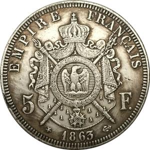 Pièce commémorative de 1861-1867, ancienne pièce de monnaie française en argent plaqué or pur, 5 francs, artisanat - Product Image 2