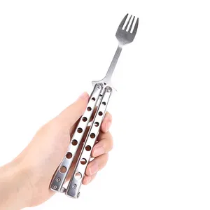 Camping Balisong Spoon Fork Metal Trainer Game Butterfly Knife Folding Tableware