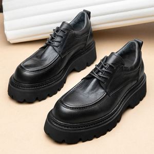 Men's High End Cowhide Business Casual Leather Shoes Outdoor <b>Platform</b> Low Cut Lace up Work Shoes Height Increasing Autumn - Product Image 1