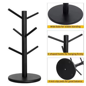 Support de rangement pour tasses à thé en bois à base épaisse, gain de place, comptoir, 6 crochets, support suspendu, support pour tasses à café, support en forme d'arbre - Product Image 3