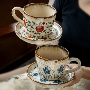 High-End Vintage Style Floral Pattern <strong>Ceramic</strong> Coffee <strong>Mug</strong> with Saucer <strong>Handmade</strong> Afternoon Tea Cup and Saucer Set - Product Image 3