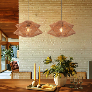 Vintage Rattan Pendant <b>Light</b> Woven Hemp <b>Rope</b> Hanging Lamp Industrial Boho Indoor Chandelier Cone Shade - Product Image 5