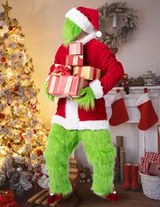 7PCS Deluxe Furry Green Big Monster Christmas Costume For Men Santa Suit Adult For Halloween Outfit Holiday Cosplay