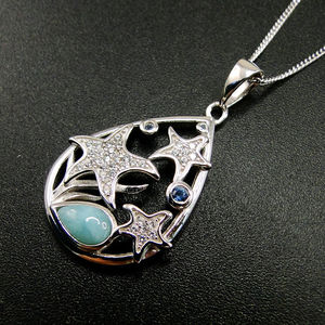 Collier pendentif étoile de mer en argent sterling 925 avec pavé de CZ et larimar naturel, vente en gros - Product Image 3