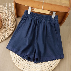 Women's Cotton Linen Shorts Beige <b>Elastic</b> Waist <b>Lace</b> Trim Casual Loose Fit Summer Pants - Product Image 3