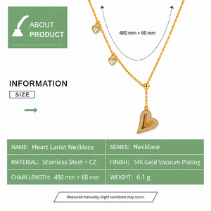 Collar Lariat con Corazón de Acero Inoxidable, Chapado al Vacío en Oro de 14K, con Cristales, Color Dorado o Plateado - Product Image 3