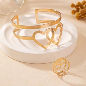 Gold double heart hollow fashion <b>bracelet</b> ring <b>set</b> simple geometric fashion hand jewelry - Product Image 5