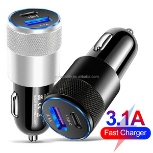 自動車充電器3.1A,USB + PD金属アルミニウム合金短絡保護デュアルポートUSB Type-C - Product Image 2