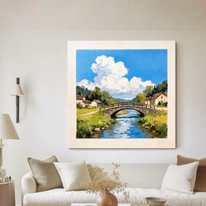 Landscape <b>Painting</b> Rural Scene With Bridge And River Farmhouse Style Metal <b>Frame</b> Hand Painted Art <b>For</b> Living Room Wall Decor - Product Image 2