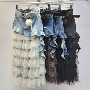 Z8835-Gonna Lunga Vintage in Denim con Volant e Patchwork Irregolare in Rete per Donne, Vita Alta, Linea A, a Strati - Product Image 1