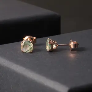 OL1009 Mematuhi Buatan Tangan Putaran Cut 6MM Hijau Lumut Agate 9K 10K 14K 18K Kecil Padat Rose Gold Anting Desain untuk Anak Perempuan