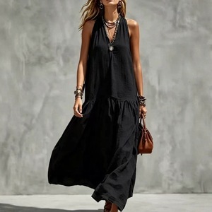 Vestido informal con cuello en V, sin mangas, de color sólido, con cintura elástica, largo, para mujer, Europa, América, Sudeste Asiático, tallas S, M, L, XL, XXL - Product Image 3
