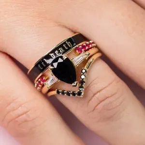 Popular diamond natural stone ring women 925 sterling silver black stone pear cut natural onyx stone ring