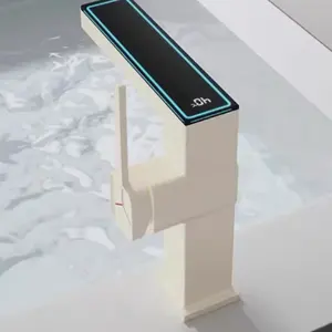 Torneira misturadora de água quente e fria montada em deck inteligente, torneira elétrica para banheiro, cobre creme branco com display digital de temperatura