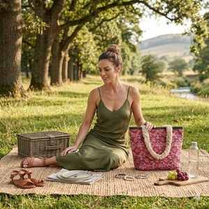Bolso Tote Floral Rosa Hecho a Mano, Bolso de Hombro de Algodón con Estampado de Bloques, Asa con Flecos, Estilo Boho, Proveedor Mayorista, Exportación - Product Image 1