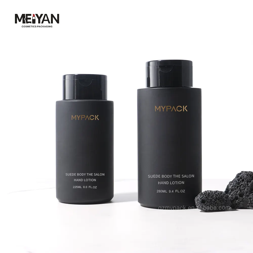 MYPACK recycelte 8 oz 10 oz 450 ml schwarze hdpe-kunststoff-shampoo-lotionsflaschen zylinderförmig runde weich gefühlte drückflaschen mit kappen
