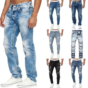 Jean droit en denim pour homme, taille mi-haute, extensible, décontracté, délavage vintage, jambe côtelée, pour printemps, automne, hiver, vente en gros, LOGO personnalisé - Product Image 4