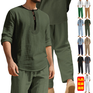 Ensemble décontracté en lin pour homme : chemise Henley à manches longues et pantalon ample bleu clair pour le quotidien, style plage estival - Product Image 6