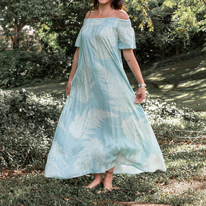 Robe bohème fluide à épaules dénudées, imprimée d'inspiration insulaire, fabriquée en usine, de haute qualité, douce, 100% rayonne - Product Image 2