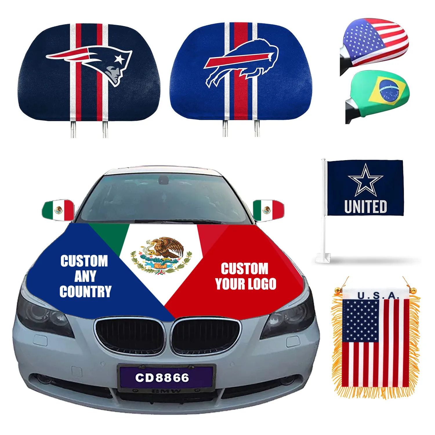 Custom polyester car headrest Pennant hanging flag Rear view mirror cover window flag car head rest car cover flag