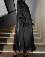 Abaya-robe musulmane en Satin et mousseline de soie, vêtements pour femmes, style musulman de prière modeste, col rond, manches longues, noir, pour fête de Ramadan, dubaï