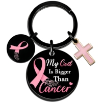 Porte-clés en forme de croix avec ruban rose, « Mon Dieu est plus grand que le cancer », en acier inoxydable, ornement religieux, cadeau de sensibilisation au cancer du sein