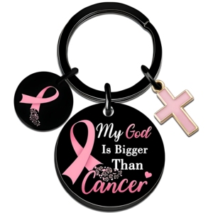 Portachiavi con Croce e Nastro Rosa 'Il <span class=keywords><strong>Mio</strong></span> <span class=keywords><strong>Dio</strong></span> è Più Grande del Cancro' in Acciaio Inossidabile, Ornamento Religioso, Regalo per la Consapevolezza sul Cancro al Seno - Product Image 1