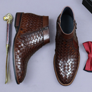 Botas de hombre de caña baja, duraderas, de cuero, con suela gruesa y elevada, con textura tejida de alta calidad y cremallera de doble cara, para uso empresarial. - Product Image 5
